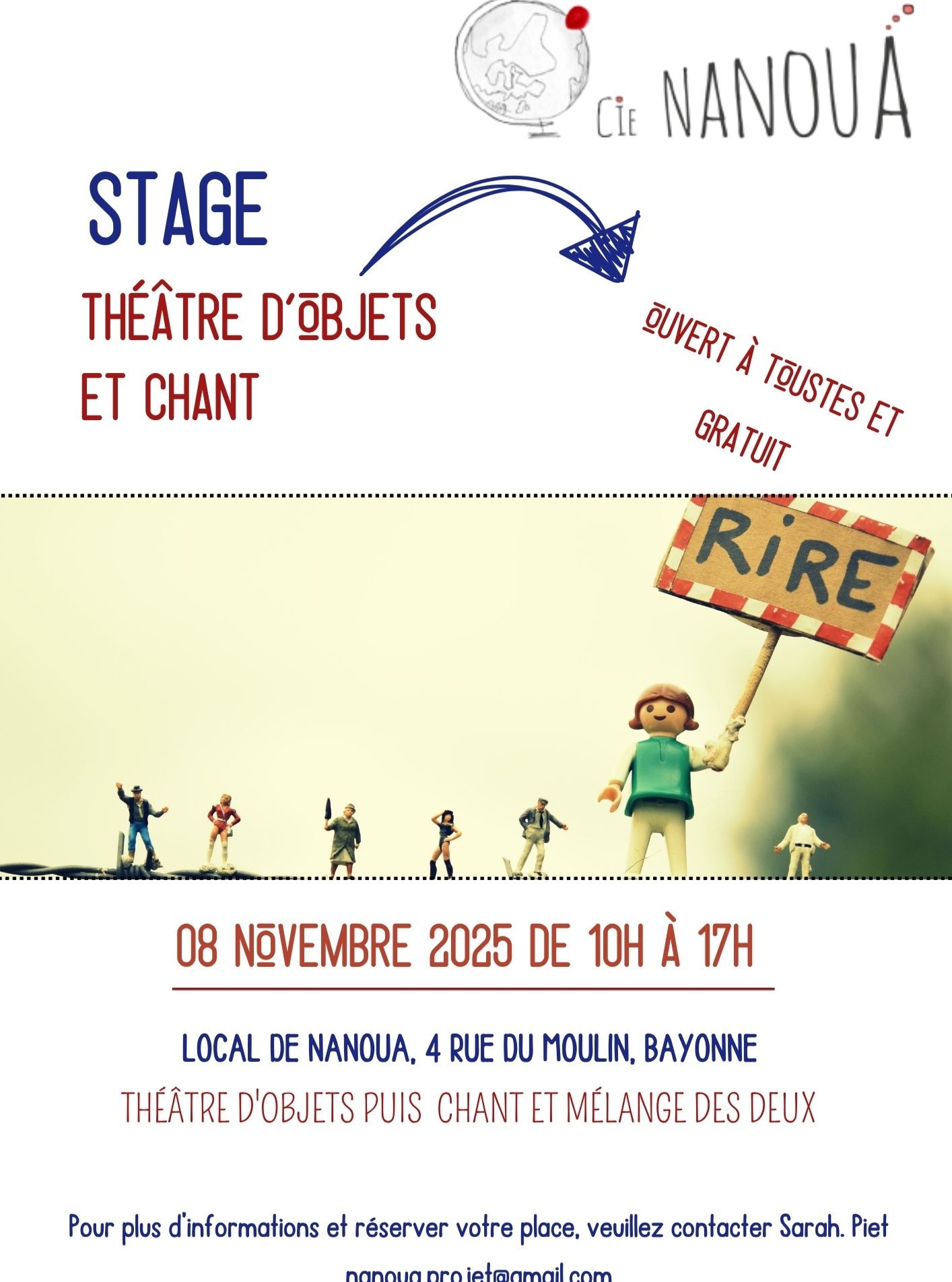 Il reste 2 places!

Initiation au théâtre d'objets et chant
avec Fanny Bérard (directrice artistique de la compagnie Nanoua)
et Sarah Piet (chanteuse et cheffe de choeur)
Le samedi 8 novembre
de 10h à 12h et de 14h00 à 17h00
RDV à 9H45 pour accueil café
au local de Nanoua partagé avec L’Académie Gasconne,
4 rue du moulin à Bayonne

SENSIBILISATION GRATUITE

Comment « réenchanter » le quotidien avec ce qui nous entoure ? Avec ce que l’on côtoie chaque jour, cette ribambelle d'objets dont on ignore peut-être le potentiel poétique, métaphorique et ludique ?
Nous allons ensemble plonger, en toute liberté, dans le théâtre d’objets (un théâtre qui se raconte avec ce que les objets peuvent symboliser, évoquer...) et la voix chantée (comme une invitation a explorer sa voix et expérimenter la polyphonie sur mesure) pour raconter, se raconter,à la frontière du tangible et du fantastique, avec comme compagnon de route, l'audace et l'humour!

"Le choix de l'objet manufacturé ou quotidien est politique – à rebours de la société de consommation – mais il va bien au-delà. Tout droit extrait du réel, ce type d'objet est porteur d'une mémoire collective et personnelle très forte Parce qu'il est reconnaissable par tout le monde, l'objet parle de nous, évoque quelque chose d'intime, un sentiment de familiarité attendrissant. Même si l'objet a été reproduit à des millions d'exemplaires, il parle "à nous" et de nous." Isabelle Bertola

Stage ouvert aux adultes et aux ados dans la limite des 8 places disponibles
Renseignements et inscriptions à nanoua.projet@gmail.com

Déroulé du stage :
10h à 12H : exploration du théâtre d'objets
12h à 14H : pause (Pique nique à prévoir en mode auberge espagnole si cela vous convient)
14h à 16H : exploration de la voix chantée
16h à 17H : On mélange tout!

www.cie-nanoua.com
Artistique : Fanny Bérard (06 83 15 29 44) / cie.nanoua@gmail.com
Médiation et développement : Sarah Piet (06 24 61 36 75) / nanoua.projet@gmail.com