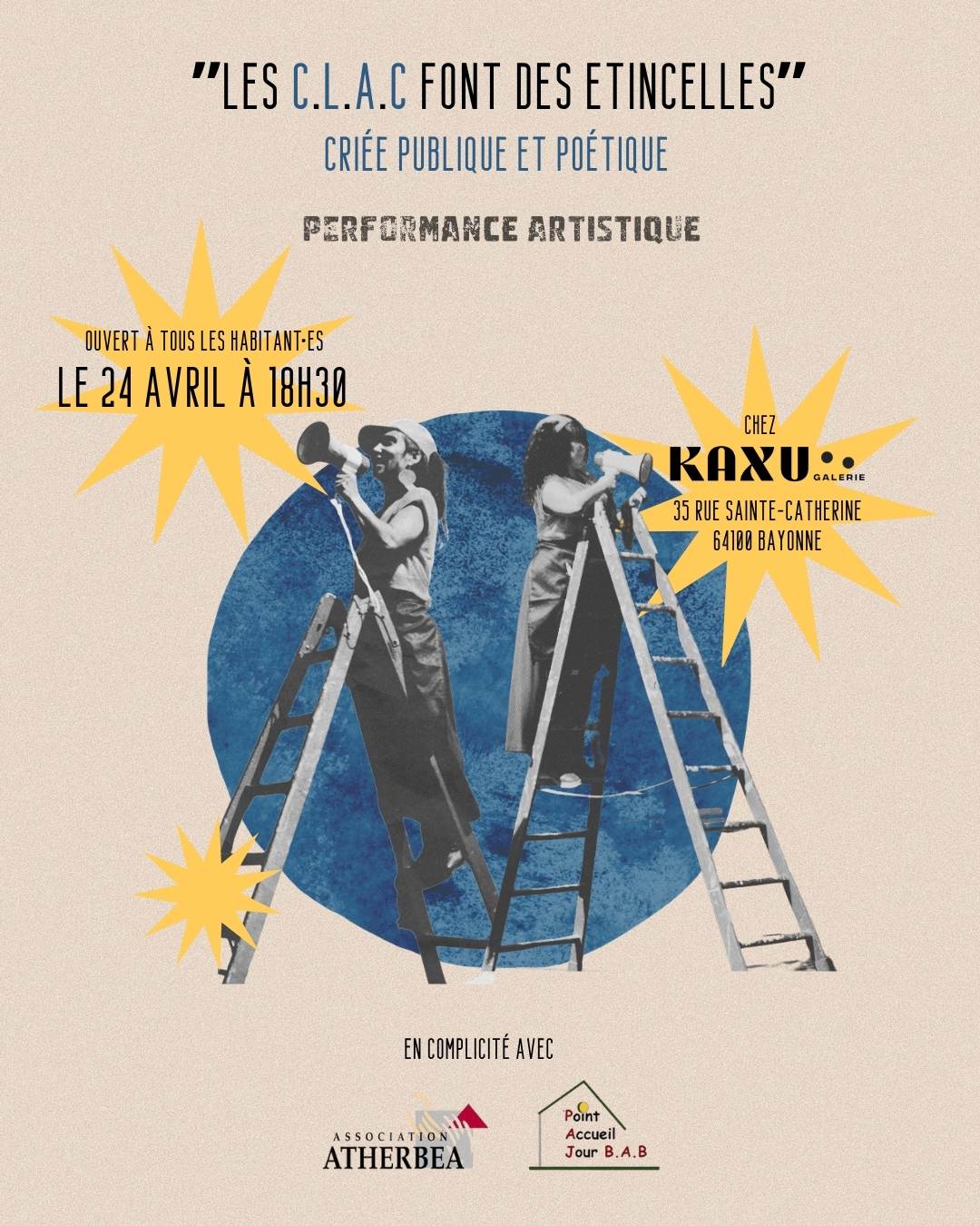 Les CLAC seront prochainement en résidence pour faire naitre une nouvelle performance artistique "les CLAC font des étincelles", criée publique et poétique qui consiste à poser un autre regard sur les personnes marginalisées en partageant poétiquement leur regard sur le monde et leur quartier.

Projet tissé en complicité avec les travailleur·ses sociaux d'Atherbéa et les bénévoles du PAJ(Point d'accueil Jour, asso qui accueille les personnes subissant de plein fouet la précarité) et avec qui Nanoua a déjà eu l'occasion de coopérer autour d'interventions artistiques en 2025.

Tout en offrant de minuscules parenthèses poétiques en chant et théâtre d'objets à ceux et celles qui pour la plupart vivent dans la rue, les CLAC ont depuis janvier récolté la parole de celles et ceux qu'on n'entend pas ou trop peu.

Une scolaire aura lieu dans le quartier le 23 avril et une tout public le 24 avril à 18H30 chez nos complices de @kaxu.galerie !Entrez libres!

Merci à la CAPB pour son soutien à ce projet.