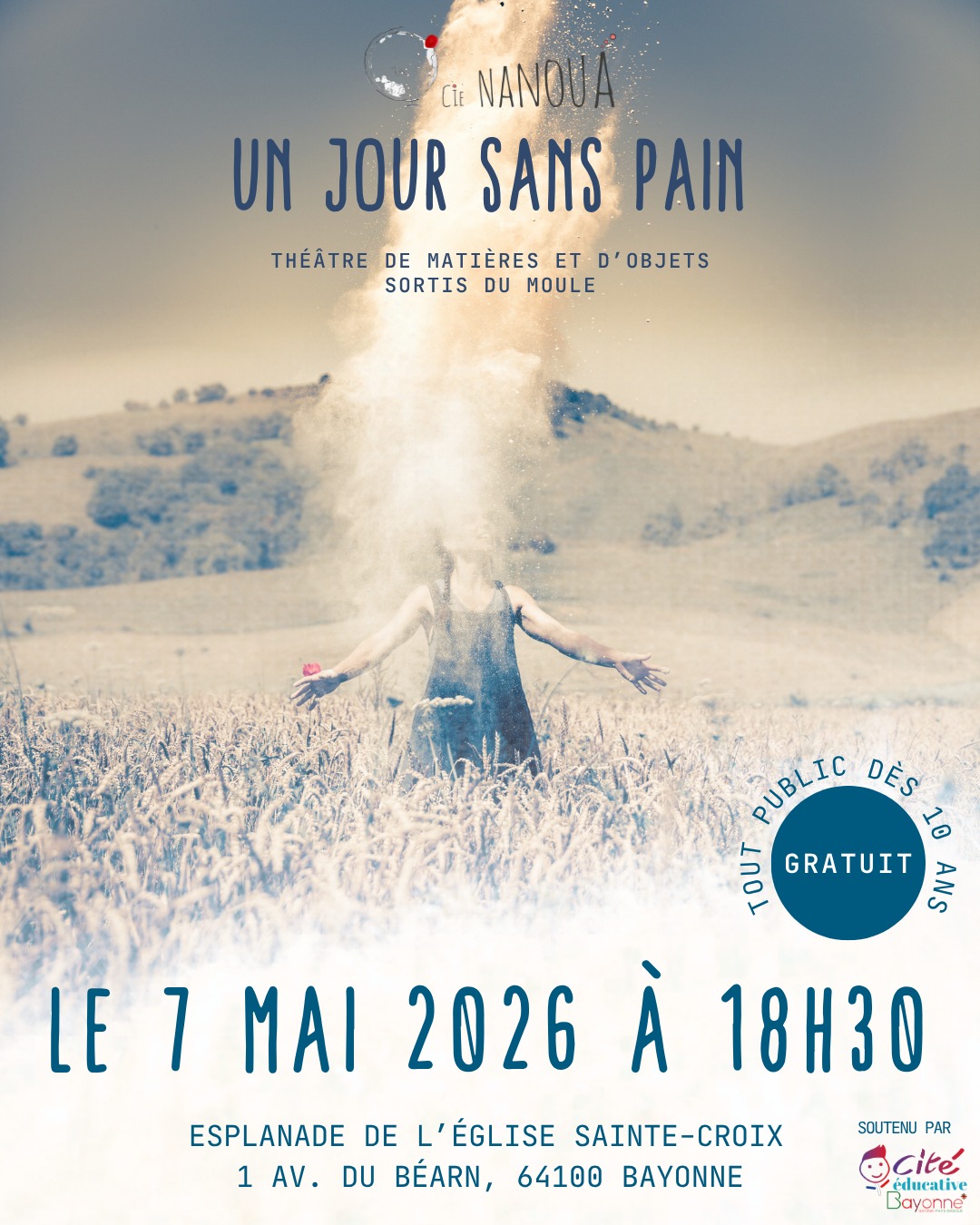 Penser par soi-même ou se fondre dans la masse ? 
C'est la question que pose le spectacle de la @Cie Nanoua . Entre la quête de liberté d'Ozil et l'expérience de Claudius, où vous situez-vous : artisan de votre vie ou fondu dans le moule ?

Nous vous invitons à parcourir différents chemins de vie pour pétrir notre humanité et aller, en compagnie de la poésie du rire, vers un banquet d’humanité.

Ce spectacle s'inscrit dans un projet global : « Banquet d’humanité autour d’une langue partagée / Art vivant et FLE : un dialogue des cultures et un pont vers une autre relation à la langue ». Portée par la @citeeducativedebayonne , cette initiative crée un pont poétique entre l'art vivant et l'apprentissage du Français (FLE).

Tissé avec les acteurs locaux (@escm_bayonne , @la_cimade, @etorkinekin, le CESF et le Collège Camus), ce rendez-vous est un moment de partage idéal pour favoriser le lien social et le dialogue des cultures.

INFO PRATIQUES 
7 MAI 2026 | 18H30
Esplanade de l’Église Sainte-Croix, Bayonne.
Gratuit | Dès 10 ans.

BAYONNE | PAYS BASQUE | SPECTACLE | THEATRE | HABITANTS | CUTURE | SOLIDARITE