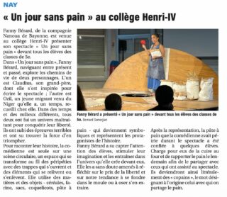 L'article de @larepubliquedespyrenees sur notre spectacle « Un jour sans pain » au collège Henri-IV ! Un grand merci aux élèves et à l'équipe éducative pour ce beau moment partagé.
