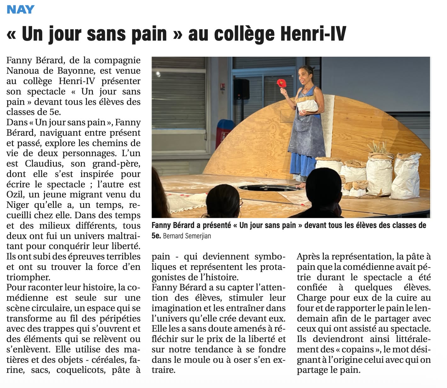 L'article de @larepubliquedespyrenees sur notre spectacle « Un jour sans pain » au collège Henri-IV ! Un grand merci aux élèves et à l'équipe éducative pour ce beau moment partagé.