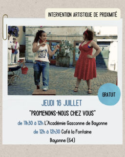 "Promenons-nous chez vous" s'invite dans le quartier Saint Esprit ce jeudi 16 juillet 2026 ! Sarah Piet au chant et Fanny Bérard au théâtre d'objets vous embarqueront dans leurs histoires improvisées !
Rendez-vous de 11h30 à 12h30 à l'Académie Gasconne de Bayonne et de 12h00 à 12h30 à @lafontainebayonne